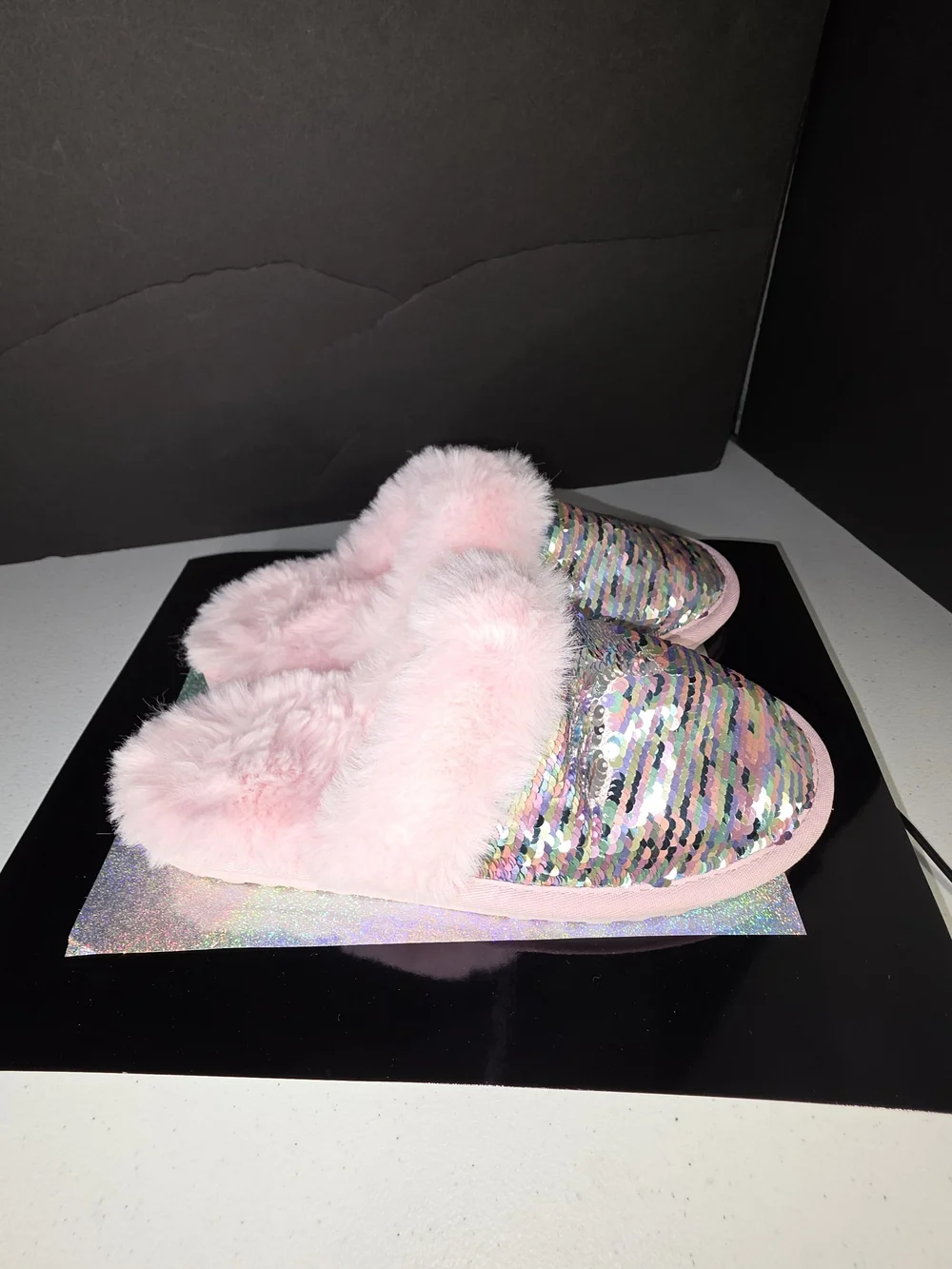 The Children's Place Flip Sequin Faux Fur Slippers Pink Multi Big Girl Sz 5/6
